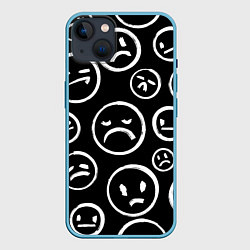 Чехол для iPhone 14 Plus Грустные черно-белые смайлики, цвет: 3D-голубой