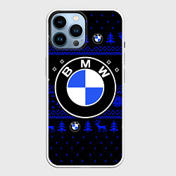 Чехол для iPhone 14 Pro Max НОВОГОДНИЙ СВИТЕР БМВ ЧЕРНО СИНИЙ, цвет: 3D-белый