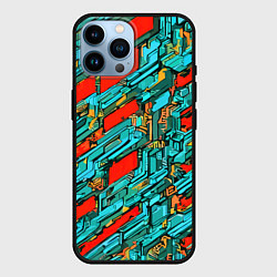 Чехол для iPhone 14 Pro Max Голубые фрагменты на красном фоне, цвет: 3D-черный