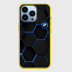 Чехол для iPhone 14 Pro BMW blue neon theme, цвет: 3D-желтый