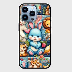 Чехол для iPhone 14 Pro Funny hare and his friends - patchwork, цвет: 3D-черный