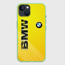 Чехол для iPhone 14 BMW СЛЕДЫ ШИН БМВ, цвет: 3D-салатовый