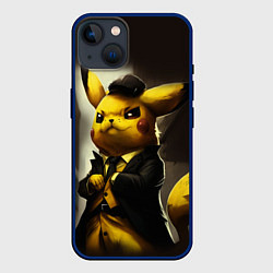 Чехол для iPhone 14 Пикачу в строгом костюме, цвет: 3D-тёмно-синий