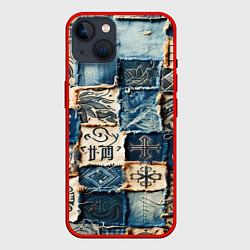 Чехол для iPhone 14 Татуировки на дениме, цвет: 3D-красный