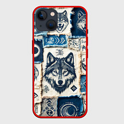 Чехол для iPhone 14 Волки на дениме, цвет: 3D-красный