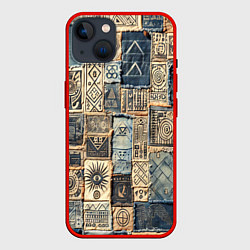 Чехол для iPhone 14 Татуировки племени майя пэчворк, цвет: 3D-красный
