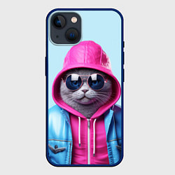 Чехол для iPhone 14 Кот в капюшоне и очках, цвет: 3D-тёмно-синий
