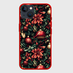 Чехол для iPhone 14 Паттерн с новогодними украшениями, цвет: 3D-красный