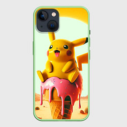 Чехол для iPhone 14 Пикачу сидит на мороженом в пустыне, цвет: 3D-салатовый