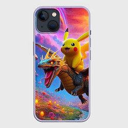 Чехол для iPhone 14 Пикачу летит на драконе среди грибов, цвет: 3D-светло-сиреневый