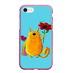 Чехол iPhone 7/8 матовый Кот с цветком, цвет: 3D-малиновый