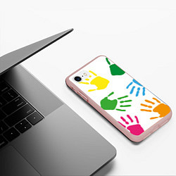 Чехол iPhone 7/8 матовый Цветные ладошки - Детский узор, цвет: 3D-светло-розовый — фото 2