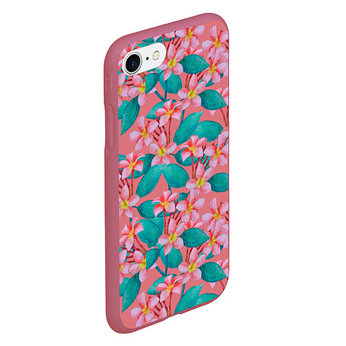 Чехол iPhone 7/8 матовый Плюмерии на персиковом фоне / 3D-Малиновый – фото 2