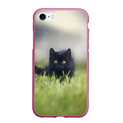 Чехол iPhone 7/8 матовый Черный кот на лугу, цвет: 3D-малиновый