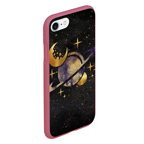 Чехол iPhone 7/8 матовый Сатурн, луна, спутник и звезды / 3D-Малиновый – фото 2