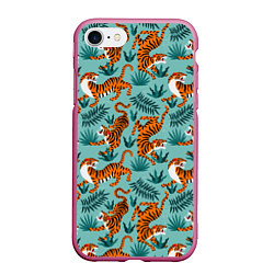 Чехол iPhone 7/8 матовый Рычащие Тигры Паттерн, цвет: 3D-малиновый