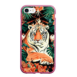 Чехол iPhone 7/8 матовый Огненный Тигр в Цветах, цвет: 3D-малиновый