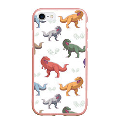 Чехол iPhone 7/8 матовый Разноцветные тираннозавры, цвет: 3D-светло-розовый