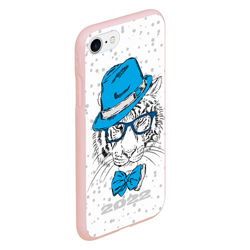 Чехол iPhone 7/8 матовый Белый тигр в синей шляпе / 3D-Светло-розовый – фото 2