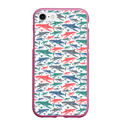 Чехол iPhone 7/8 матовый Разноцветные Акулы, цвет: 3D-малиновый