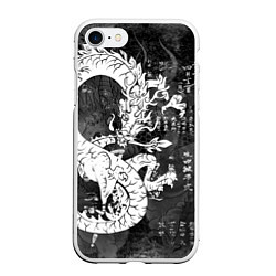 Чехол iPhone 7/8 матовый ЧБ Японский Дракон Dragon Иероглифы, цвет: 3D-белый
