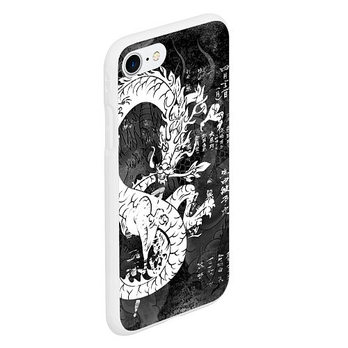 Чехол iPhone 7/8 матовый ЧБ Японский Дракон Dragon Иероглифы / 3D-Белый – фото 2