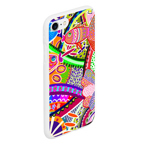 Чехол iPhone 7/8 матовый Разноцветные яркие рыбки на абстрактном цветном фо / 3D-Белый – фото 2