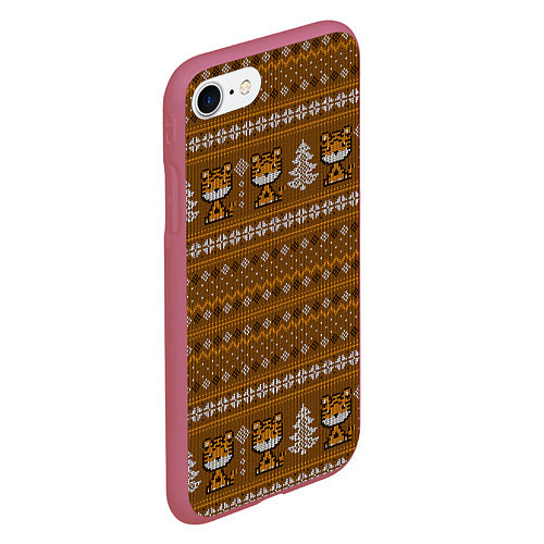 Чехол iPhone 7/8 матовый Вязанный тигр и елочки Новый год 2022 / 3D-Малиновый – фото 2