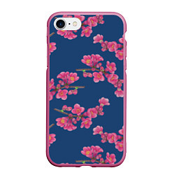Чехол iPhone 7/8 матовый Веточки айвы с розовыми цветами на синем фоне, цвет: 3D-малиновый