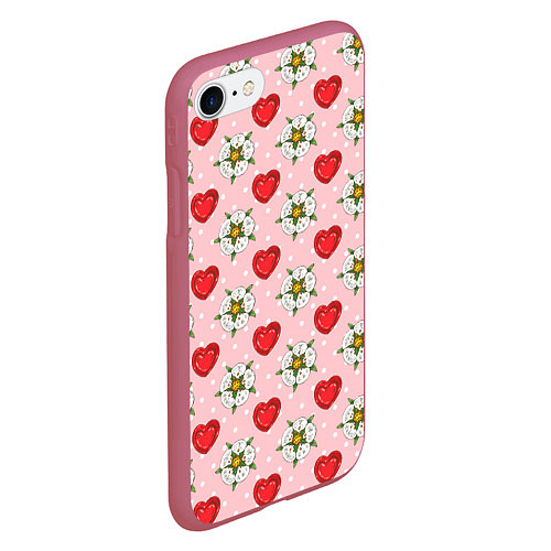 Чехол iPhone 7/8 матовый Сердечки и цветочки паттерн / 3D-Малиновый – фото 2