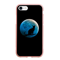 Чехол iPhone 7/8 матовый Силуэт кота на фоне синей луны, цвет: 3D-светло-розовый
