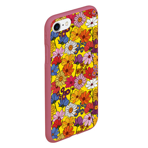 Чехол iPhone 7/8 матовый Цветочки-лютики на желтом фоне / 3D-Малиновый – фото 2