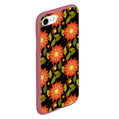 Чехол iPhone 7/8 матовый Оранжевые цветы на черном фоне / 3D-Малиновый – фото 2