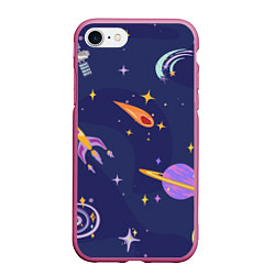 Чехол iPhone 7/8 матовый Космический дизайн с планетами, звёздами и ракетам, цвет: 3D-малиновый