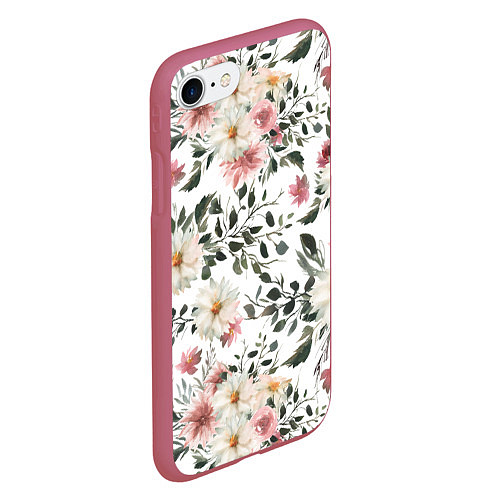 Чехол iPhone 7/8 матовый Цветы Акварельно-Белые / 3D-Малиновый – фото 2