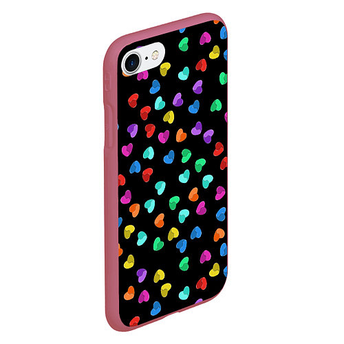 Чехол iPhone 7/8 матовый Сердечки разноцветные на черном / 3D-Малиновый – фото 2
