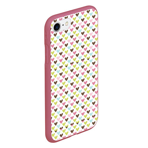 Чехол iPhone 7/8 матовый Разноцветные светлые сердечки / 3D-Малиновый – фото 2