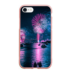 Чехол iPhone 7/8 матовый Неоновый салют над рекой ночью - Синий