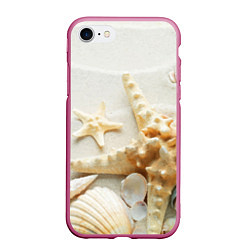 Чехол iPhone 7/8 матовый Морские звёзды и ракушки на океанском берегу, цвет: 3D-малиновый