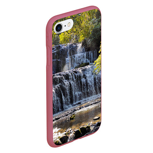 Чехол iPhone 7/8 матовый Водопад, солнечные лучи и лес / 3D-Малиновый – фото 2