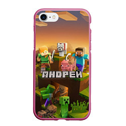 Чехол iPhone 7/8 матовый Андрей Minecraft, цвет: 3D-малиновый