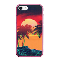 Чехол iPhone 7/8 матовый Пальмы и пляж на закате с помехами VHS ретро дизай, цвет: 3D-малиновый