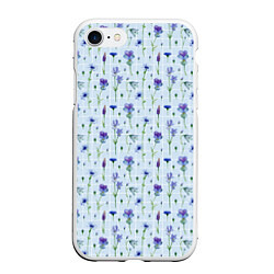 Чехол iPhone 7/8 матовый Синие и фиолетовые цветы на голубой клетке, цвет: 3D-белый