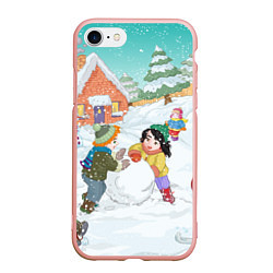 Чехол iPhone 7/8 матовый Новогодние каникулы - дети лепят снеговика, цвет: 3D-светло-розовый
