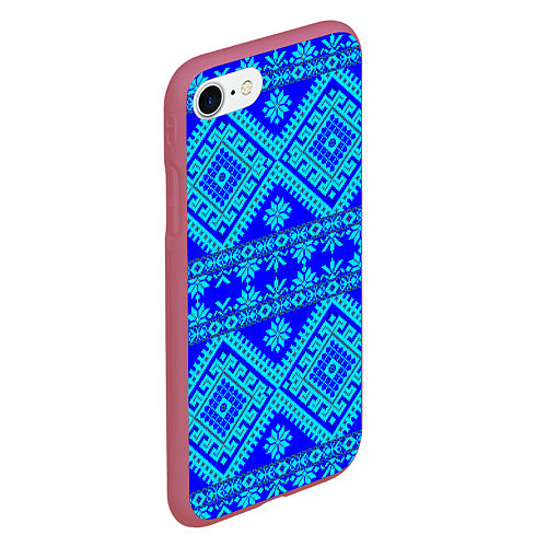 Чехол iPhone 7/8 матовый Сине-голубые узоры - вышивка / 3D-Малиновый – фото 2