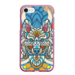 Чехол iPhone 7/8 матовый Волк в узорах на нежном цветочном фоне, цвет: 3D-малиновый