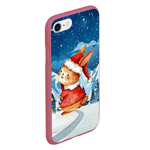Чехол iPhone 7/8 матовый Новогодний заяц снежный фон / 3D-Малиновый – фото 2