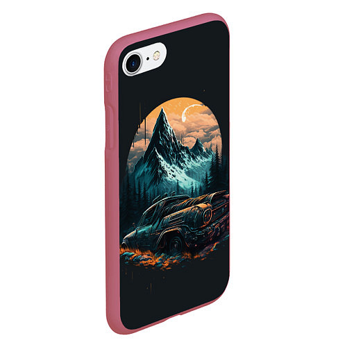 Чехол iPhone 7/8 матовый Киберпанк авто и горы / 3D-Малиновый – фото 2