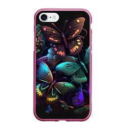 Чехол iPhone 7/8 матовый Разные неоновые бабочки, цвет: 3D-малиновый