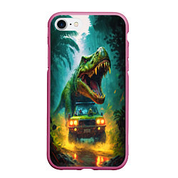 Чехол iPhone 7/8 матовый Тираннозавр преследует джип под дождем, цвет: 3D-малиновый